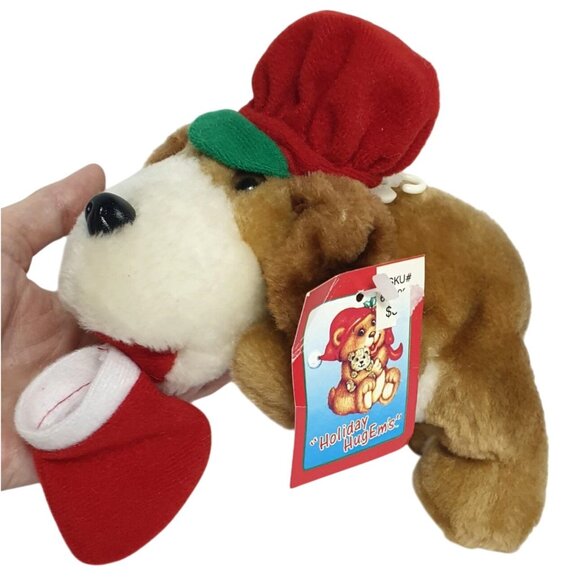 VTG Holiday HugEms Santa Basset Hound Dog 5.5" Plush Santa Hat & Stocking NWT - Picture 6 of 7
